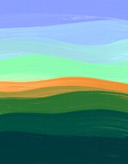 Obraz premium Abstract landscape painting depicts rolling hills under a serene sky, showcasing vibrant colors and brushstrokes in a peaceful and calming scene.