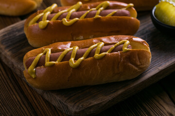 Hot Dog on Wooden Background – Classic American Fast Food Snack
