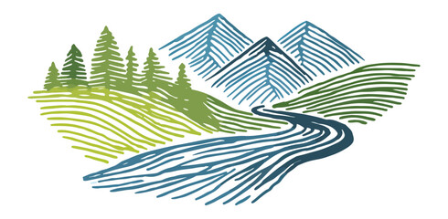 Hand drawn mountain landscape illustration