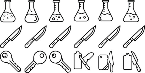 Vector art of a set of science flasks, knives, and keys in a simple line art style