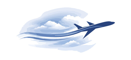 Airplane flying through watercolor clouds