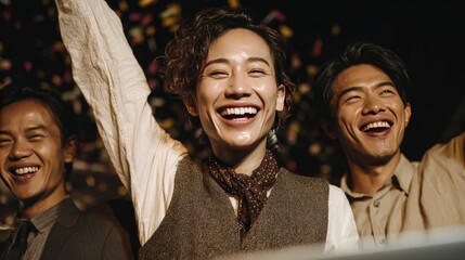Joyful Celebration: Diverse Friends Smiling with Confetti in Festive Atmosphere