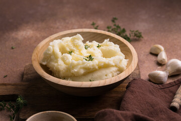 Mashed Potatoes with Thyme in Wooden Bowl – Rustic Comfort Food