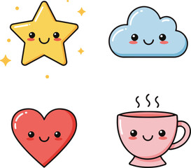 Kawaii logo icon with simple shapes. Smiling star, happy cloud, cheerful heart, cute cup. 