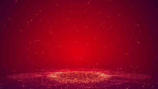 Golden glowing mandala radiates sparkling red festive background particles celebration. for Diwali greetings, wedding luxury invitations, festival branding presentations, Indian ceremonies, holiday