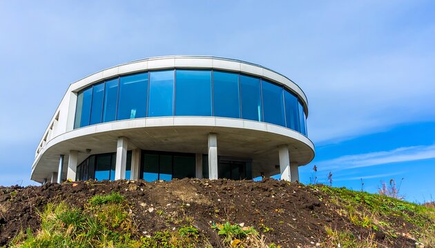 Modern, circular building on a hill