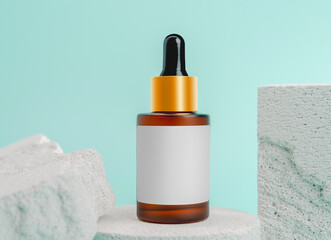 Cosmetic bottles on a stone podium, Blank label package for mock up on a blue background. The concept of natural beauty products.