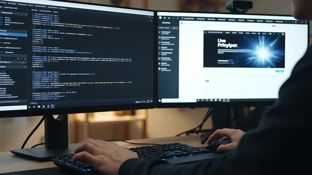 Software Developer Coding at Dual Monitors Technology Workstation