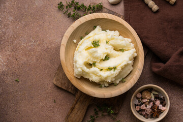 Mashed Potatoes with Thyme in Wooden Bowl – Rustic Comfort Food