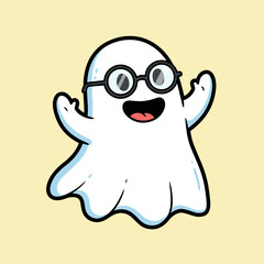 Goofy ghost with glasses raising its arms on a light yellow background.