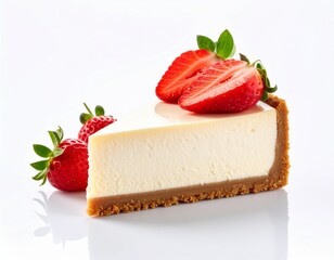 Delicious Classic Cheesecake Slice with Fresh Strawberries on White