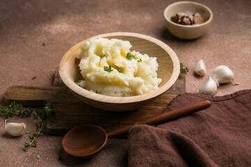 Mashed Potatoes with Thyme in Wooden Bowl – Rustic Comfort Food