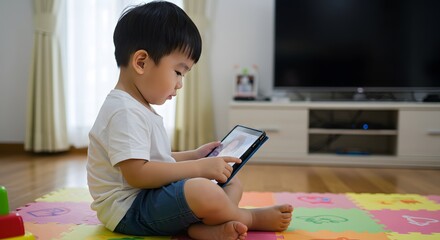 A young boy sits on a colorful playmat and uses a tablet device in a brightly lit living room area overstimulated children with excessive screen time