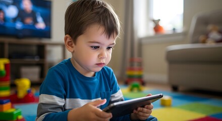 A toddler engrossed in a tablet device while sitting on a colorful playmat in a bright living overstimulated children with excessive screen time