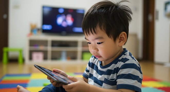 A young child is sitting on the floor and looking at a tablet device in a bright and colorful room overstimulated children with excessive screen time