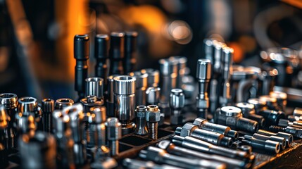 Naklejka premium Close-up view of neatly arranged mechanical tools on a workbench, showcasing metallic textures under soft lighting.