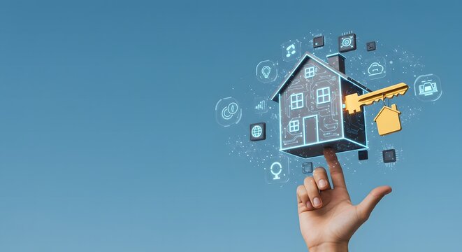 Unlocking Smart Home Technology: Digital House with Golden Key and IoT Icons on a Fingertip. Real Estate House Property Agent - Powered by Adobe