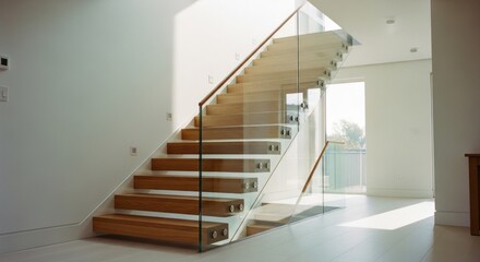 Obraz premium Modern, light-filled staircase with glass railing