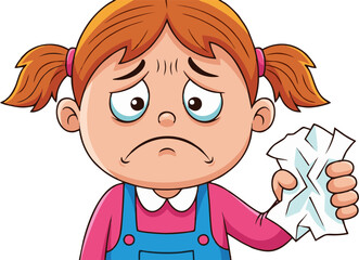 Obraz premium Cartoon girl with red pigtails, sad expression, holding crumpled tissue.