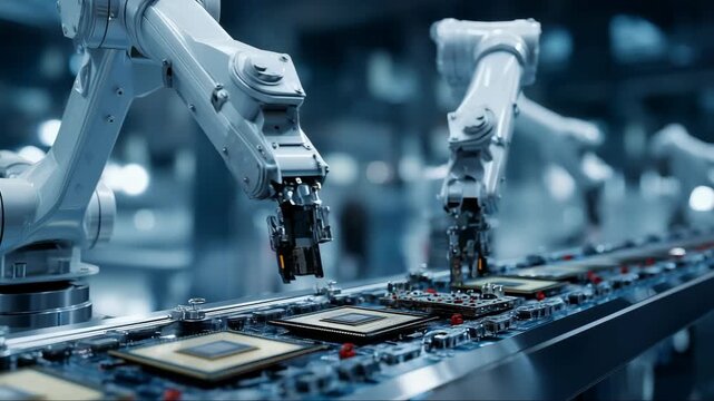 Robotic arms assembling computer chips in a modern manufacturing facility during a busy workday