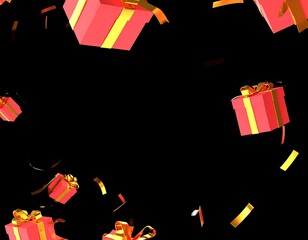 Red gift boxes falling on black background