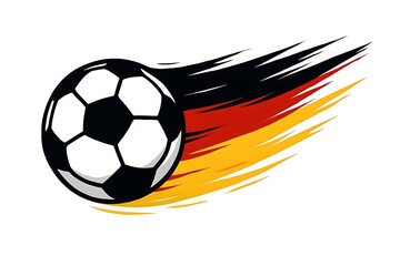A stylized soccer ball hurtles forward, leaving behind streaks of black, red, and gold color bursts.