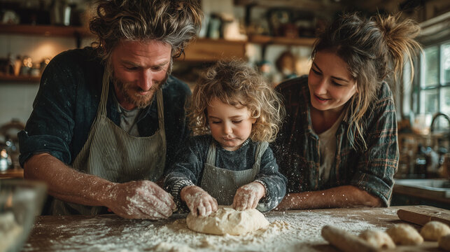 A young family (father, mother, and a small child) baking cookies together in a bright, modern kitchen.