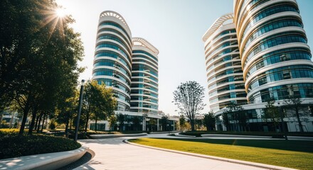 Obraz premium Modern office buildings with landscaped park