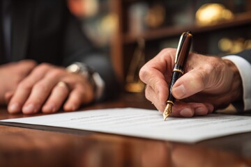 Business partners signing a contract at a polished wooden table, highlighting collaboration and formal agreement.