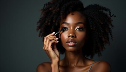 Beautiful young African American woman with natural hair applying cosmetics professional beauty routine close up