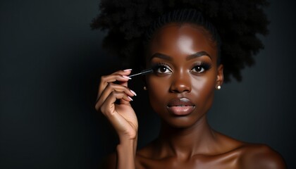 Fototapeta premium Beautiful young African American woman with natural hair applying cosmetics professional beauty routine close up