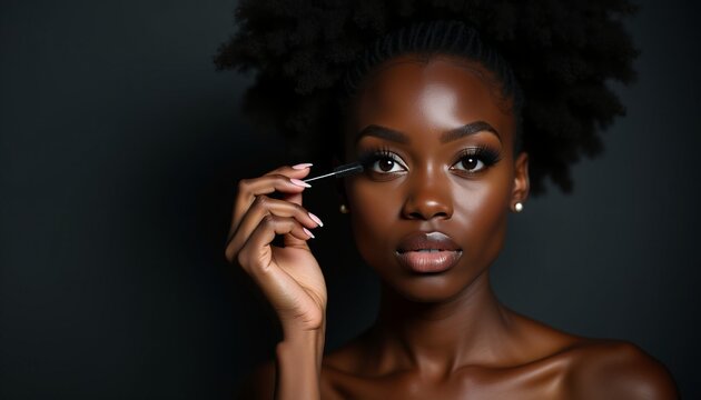 Beautiful young African American woman with natural hair applying cosmetics professional beauty routine close up