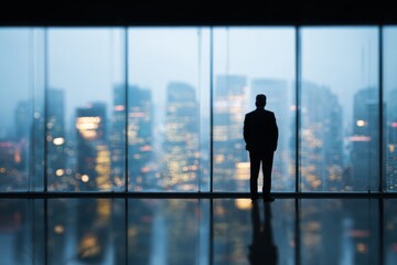 Fototapeta premium Business leader standing in front of floor-to-ceiling windows overlooking a modern city skyline, representing vision and ambition.