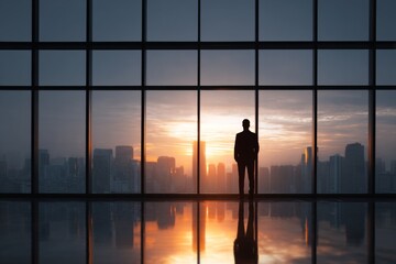 Business leader standing in front of floor-to-ceiling windows overlooking a modern city skyline, representing vision and ambition.