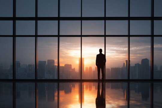 Business leader standing in front of floor-to-ceiling windows overlooking a modern city skyline, representing vision and ambition.