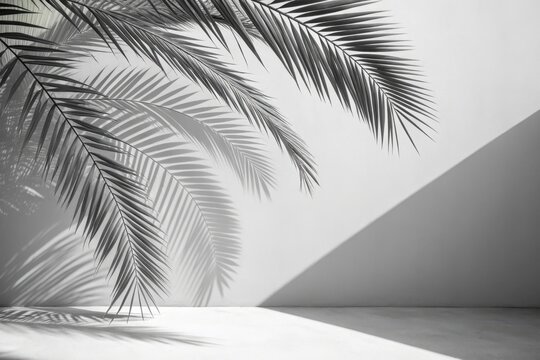 Monochromatic palm fronds cast dramatic shadows on a sunlit wall