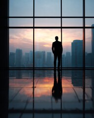 Fototapeta premium Business leader standing in front of floor-to-ceiling windows overlooking a modern city skyline, representing vision and ambition.
