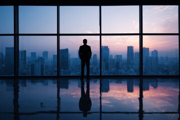Fototapeta premium Business leader standing in front of floor-to-ceiling windows overlooking a modern city skyline, representing vision and ambition.