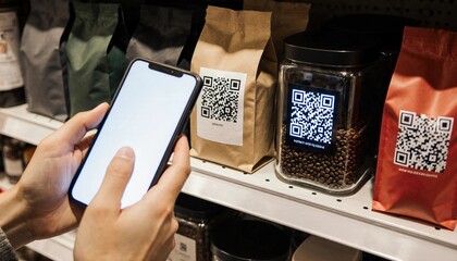 Customer scanning QR code on coffee packaging: Modernizing shopping with digital product access