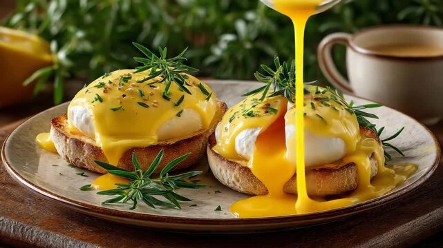 Perfectly cooked eggs benedict with rich hollandaise sauce