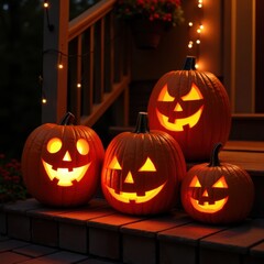 Obraz premium Jack O Lanterns Lit Up For Halloween Evening