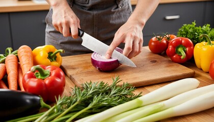 Hands chopping fresh red onion on a wooden board surrounded by colorful vegetables for healthy cooking