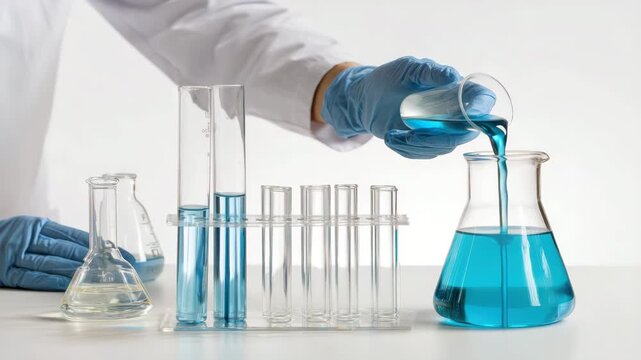 Laboratory experiment with colorful liquids and glassware