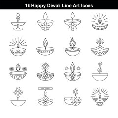 Diwali Celebration Line Art Icon Set Elegant Vector Festival Elements for Designers