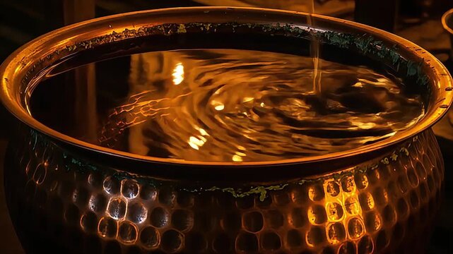 Reflective water bowl global ayyappa convention rich traditions holy hindu faith peace serenity and warm glow of oil lamps and temple reflection