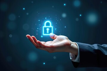Hand holding a glowing digital lock icon.