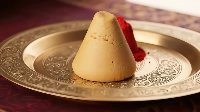 Religious food offering at global ayyappa convention featuring symbolic colors and textures on ornate plate promoting heritage and faith