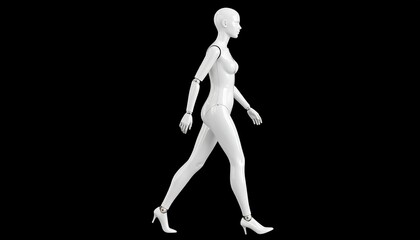 White female mannequin in walking pose, high heels, articulated joints