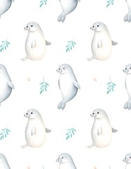 Obraz premium Seamless pattern of cute cartoon seals and leaves on white background