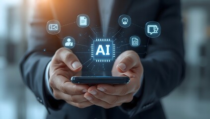 User interacting with AI chatbot on mobile device, surrounded by speech bubble, voice waveform, command prompt bar, representing conversational AI, virtual assistant, and smart customer support.